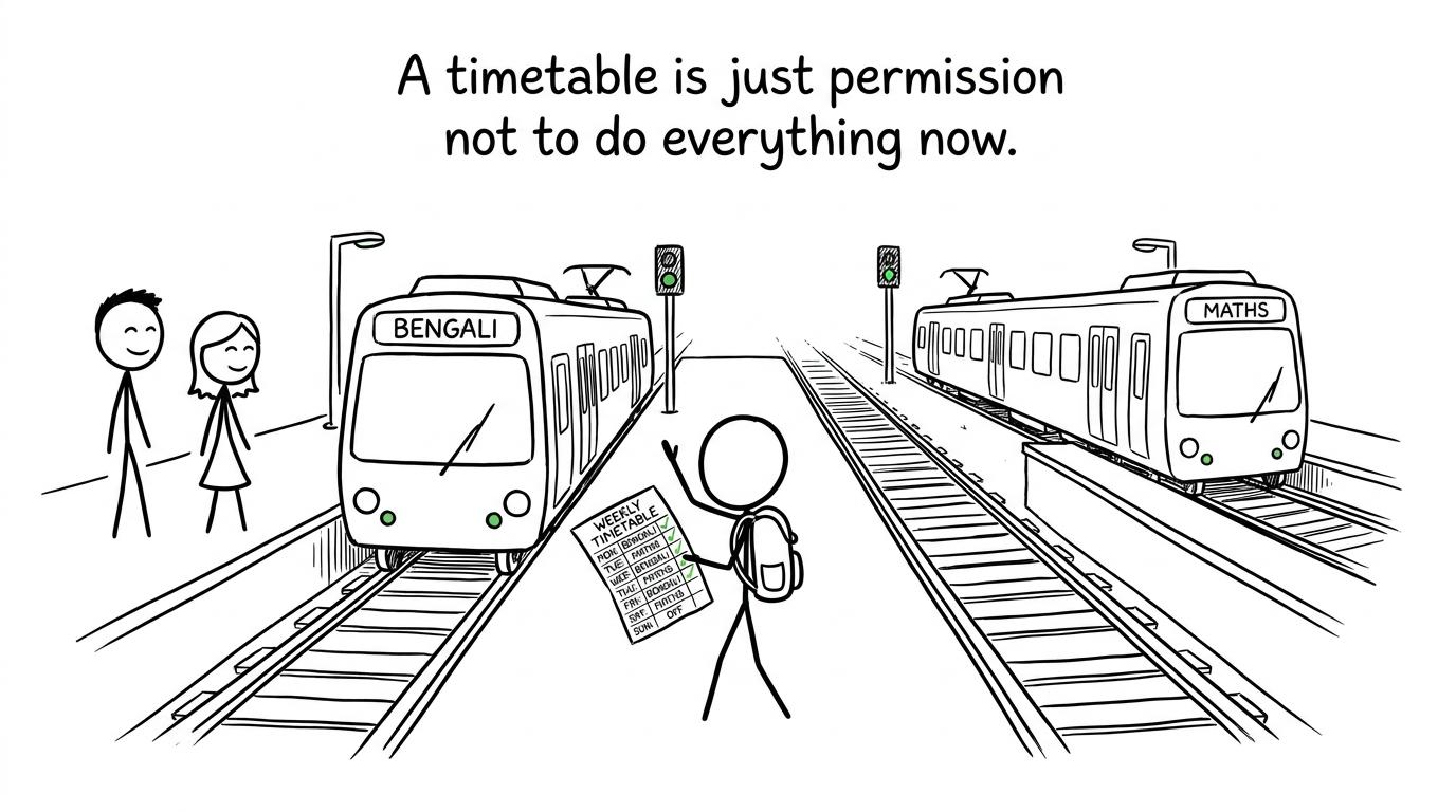 A student uses a timetable to alternate calmly between Bengali and maths revision