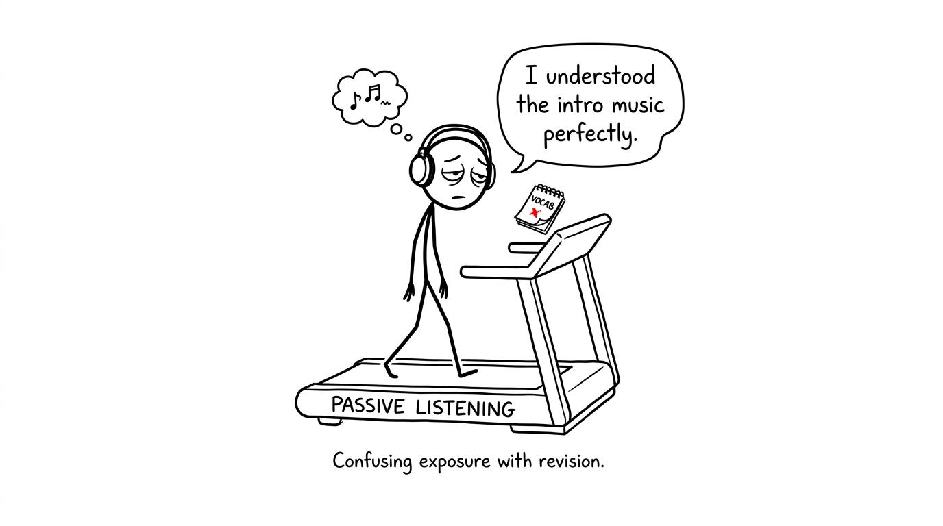 A student walking on a passive-listening treadmill while the vocabulary notebook remains out of reach