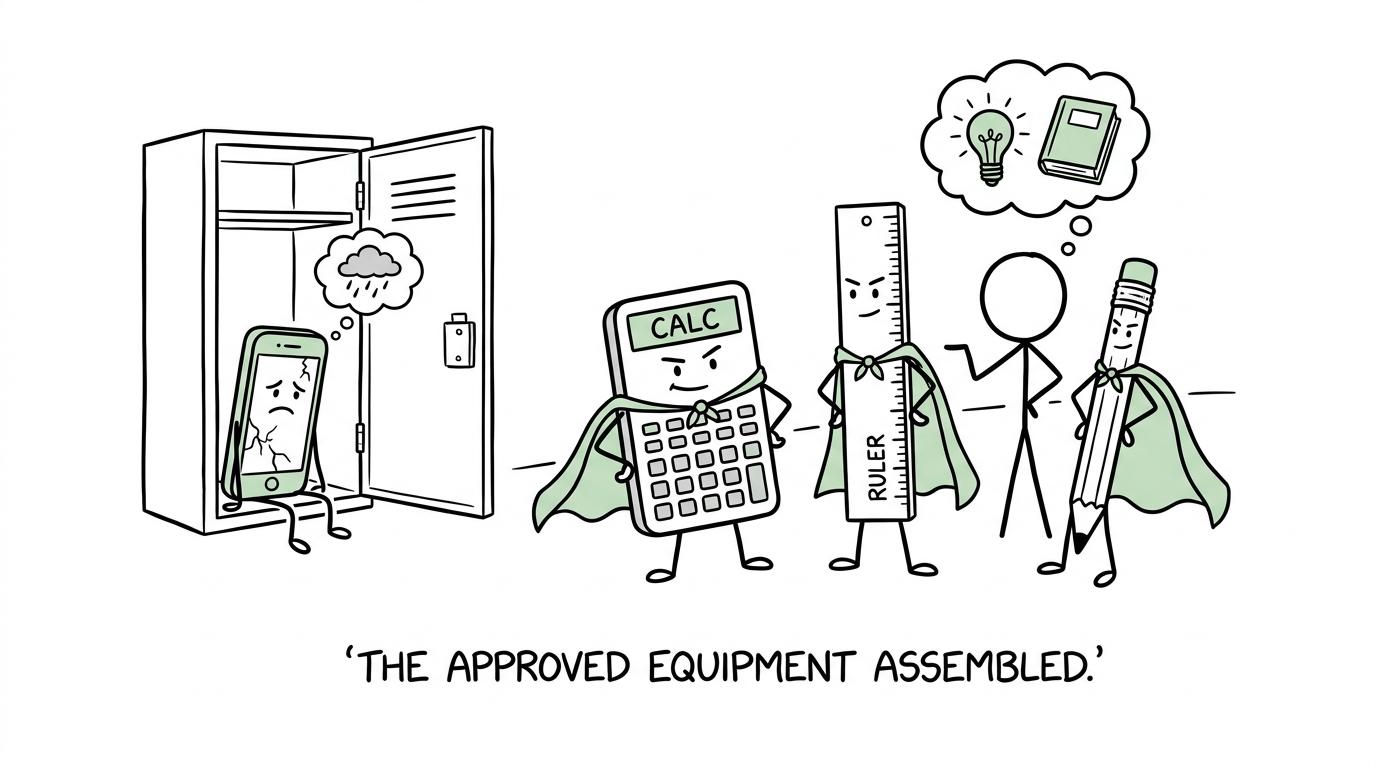 A calculator, ruler and pencil pose as an approved equipment superhero team while a mobile phone waits in a locker