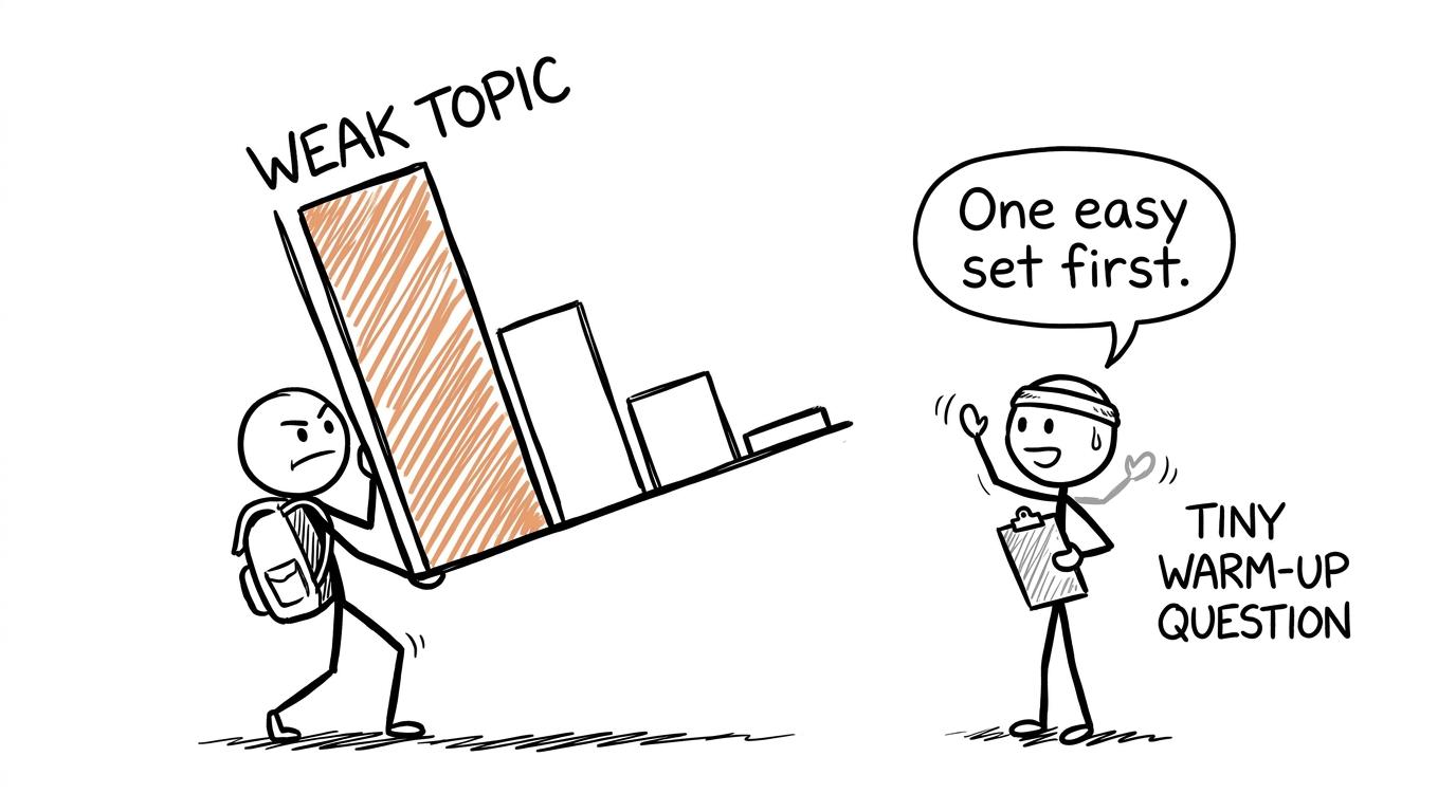 A tiny warm-up question coaches a student trying to lift a giant weak-topic bar chart