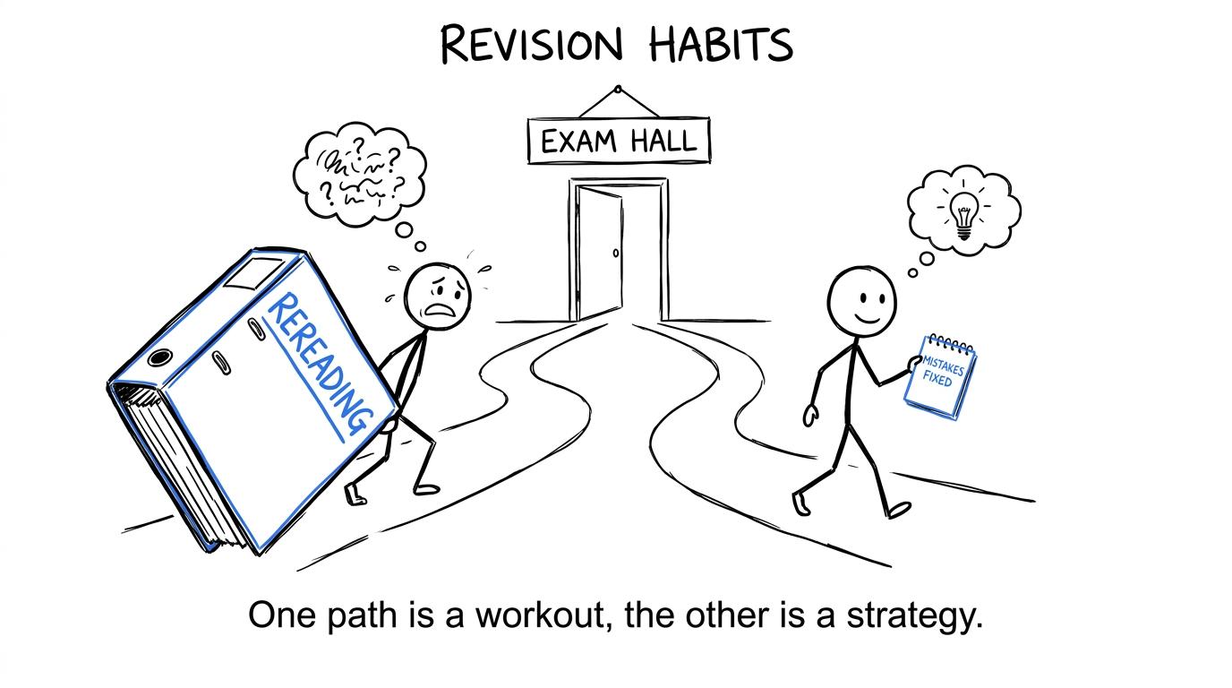 A student carrying fixed mistakes easily while another drags a giant rereading binder