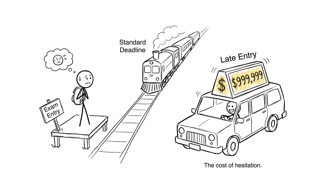 A student watches the standard entry train leave while a late-entry taxi waits