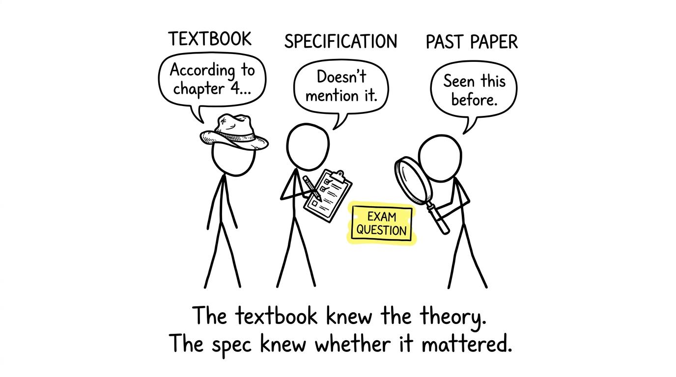 A textbook, specification and past paper form a detective team around an exam question