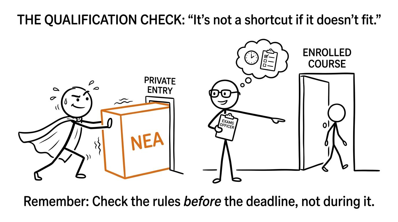 An NEA box meeting the limits of a private examination entry