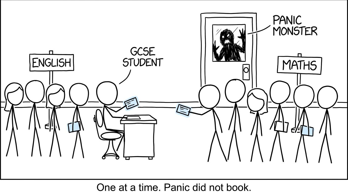 A student calmly schedules English and Maths while panic waits outside