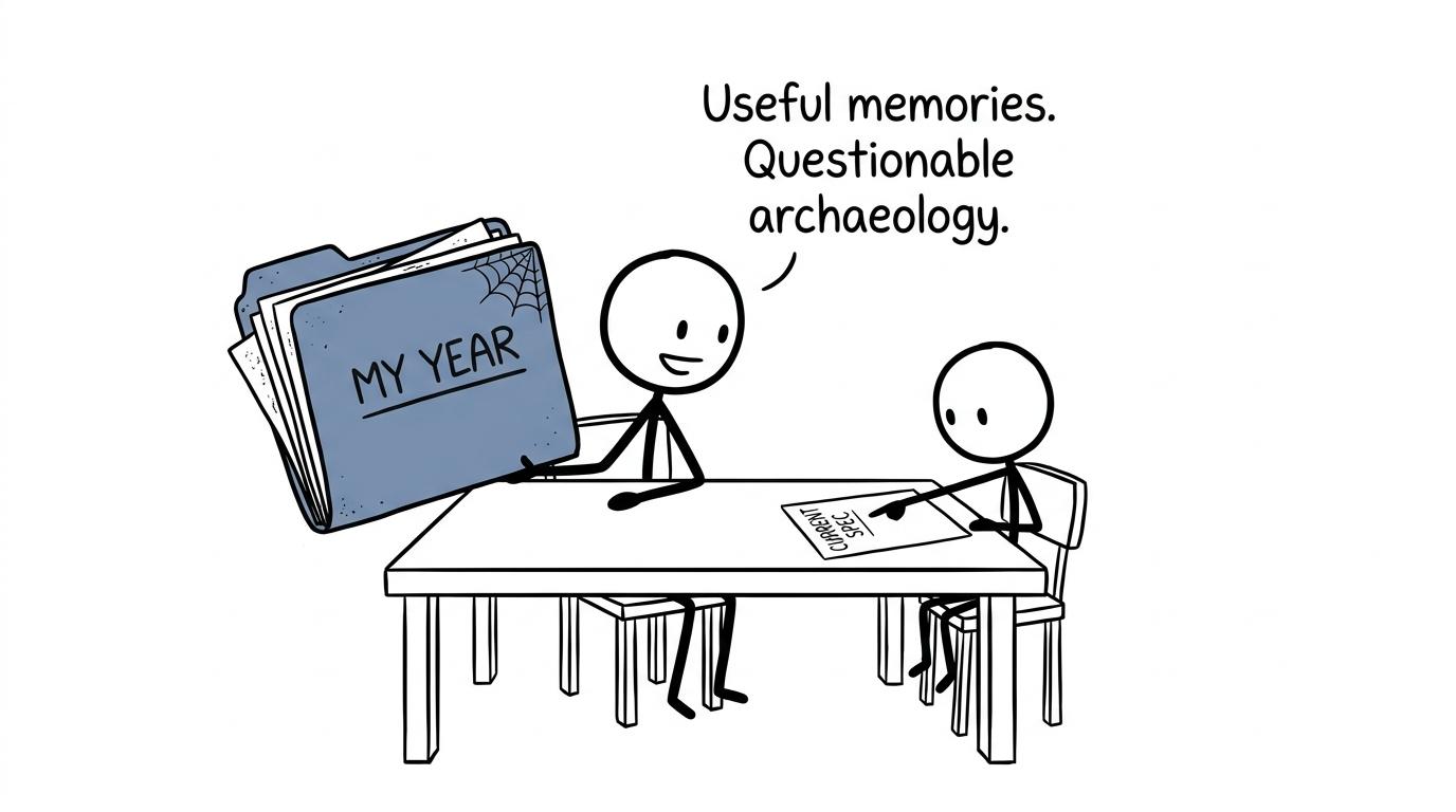 Two siblings compare current revision guidance with an enormous dusty folder from a previous exam year