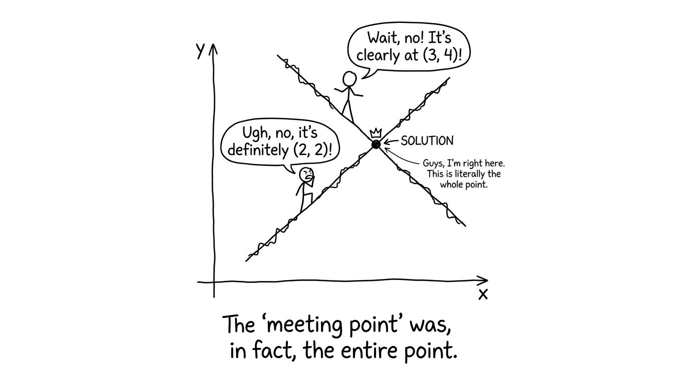 Two lines argue; intersection point wears a crown labelled solution