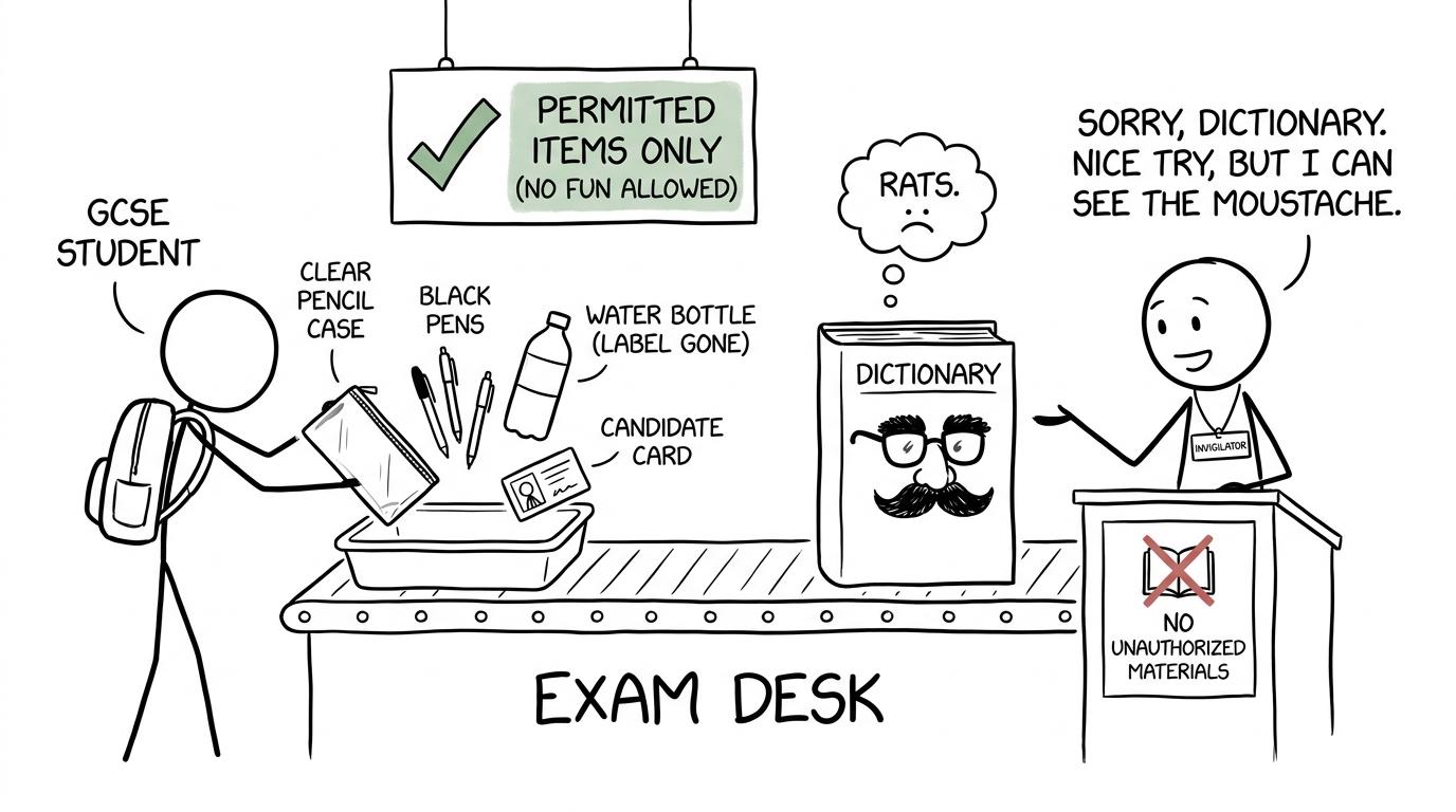 A dictionary in disguise being refused entry at an exam equipment checkpoint