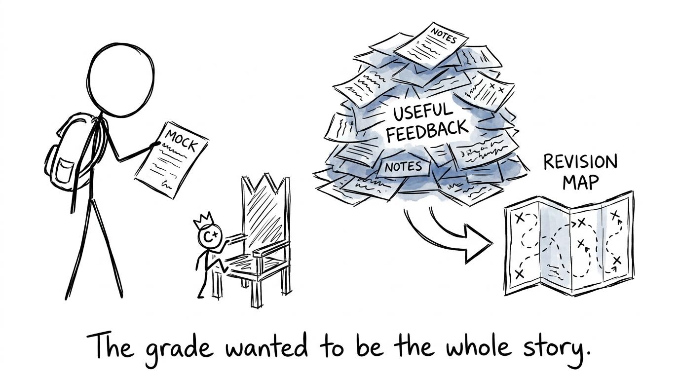 A mock grade trying to become the whole story while feedback points towards a revision map