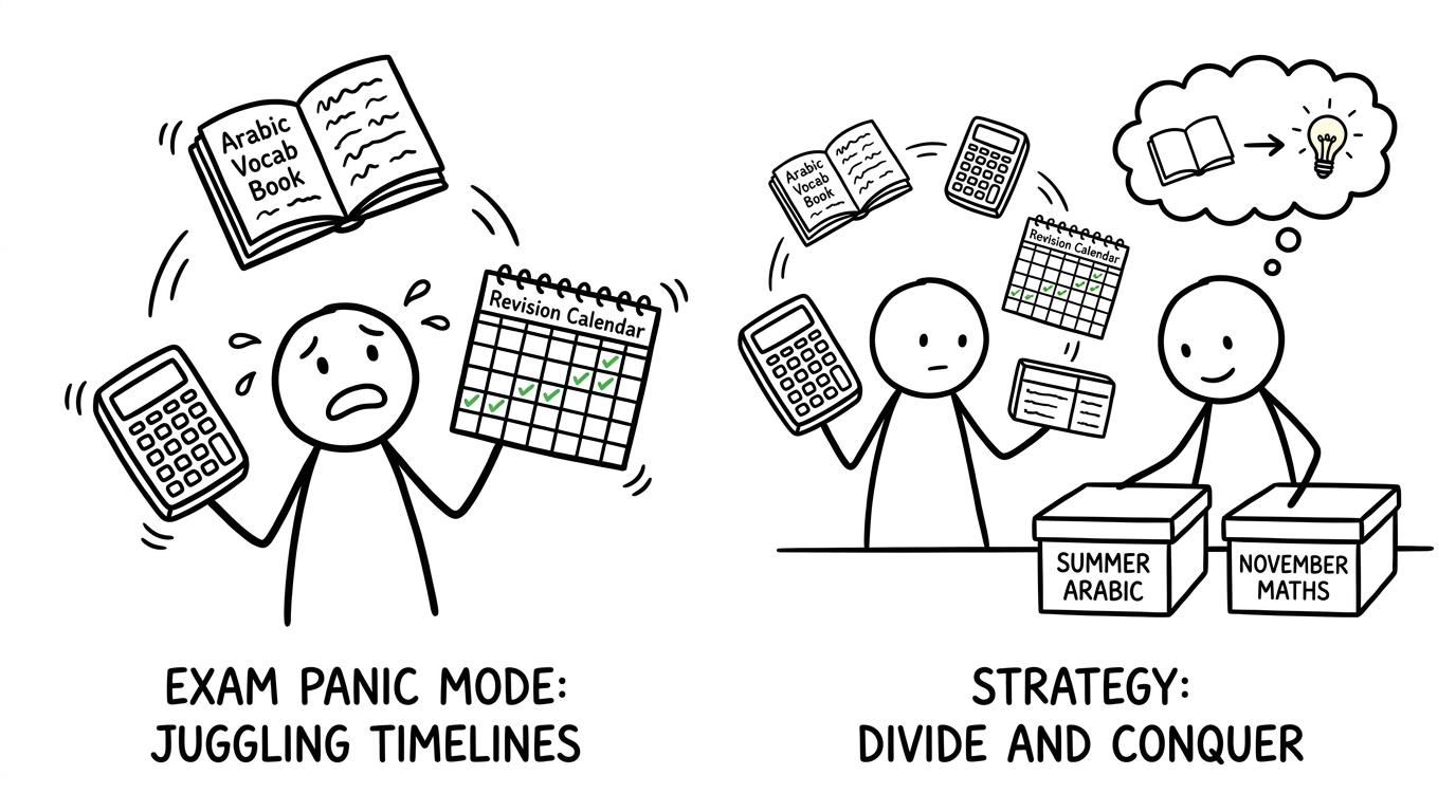 A revision calendar turns an impossible juggling act into separate summer Arabic and November maths plans
