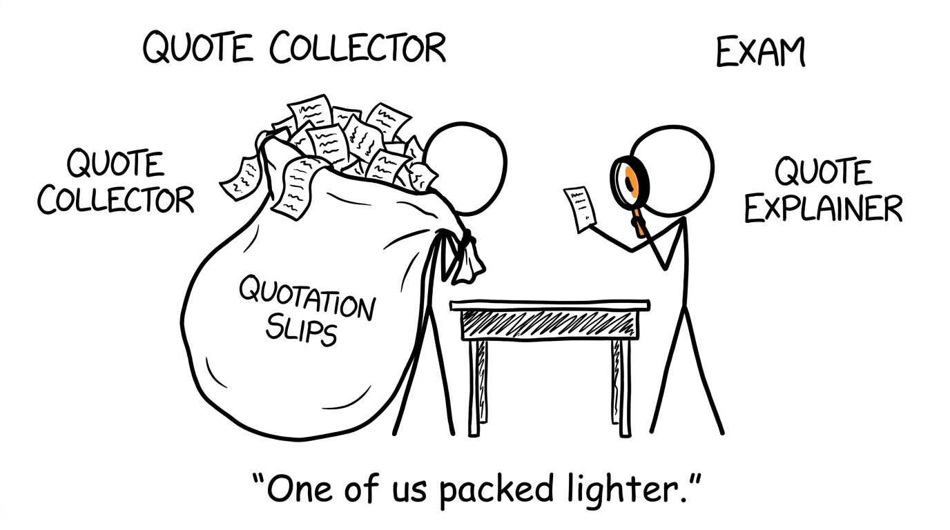 Quote Collector carries a huge sack while Quote Explainer studies one quotation carefully