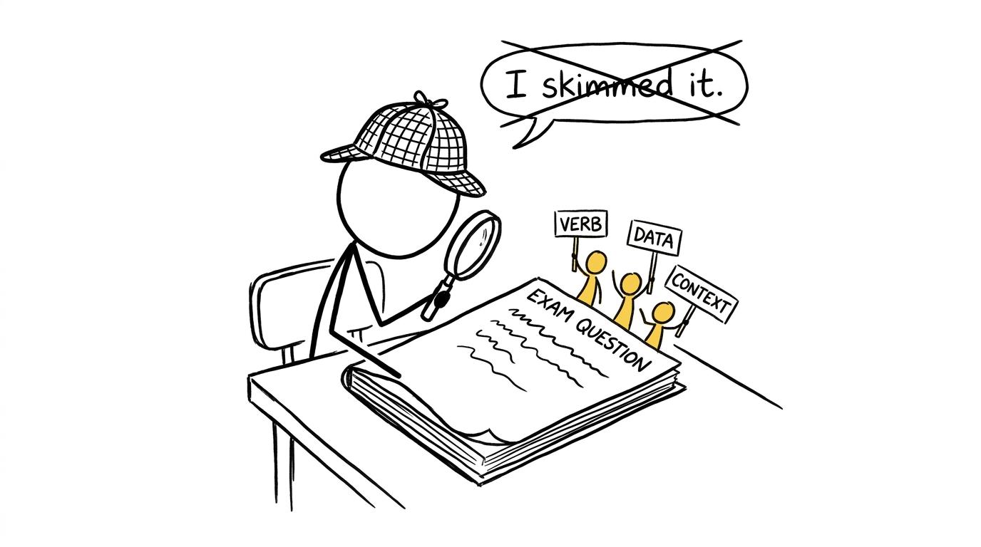 A student detective finds the verb, data and context hidden in an exam question