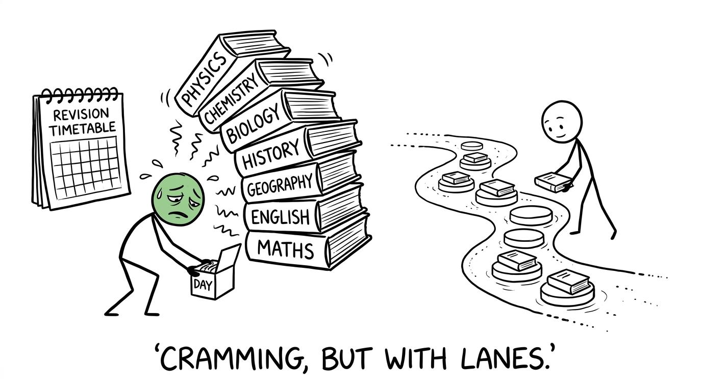 A sensible student puts one revision book on each of seven stepping stones