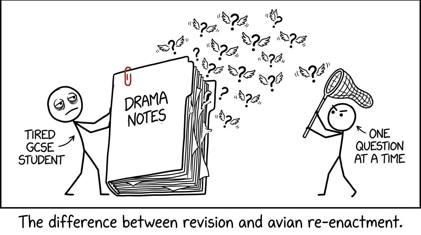 A student attempts to catch practice questions escaping from an enormous Drama notes folder