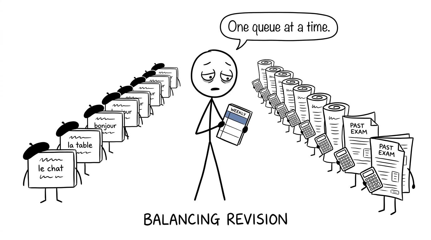 A student calmly organises queues of French and maths revision