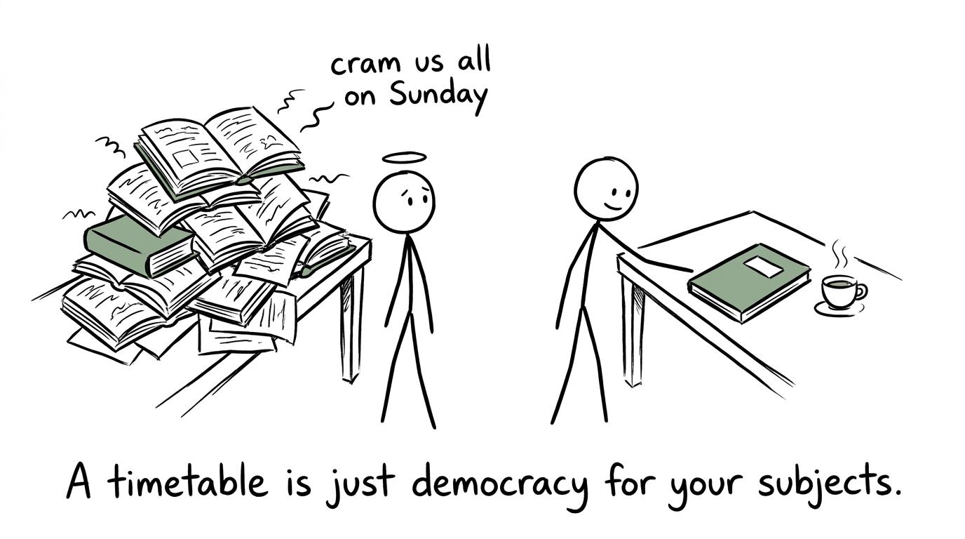 A calm weekly planner defeats an ambitious pile of revision books