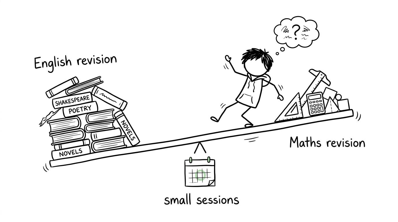 A student balancing English and maths revision with small sessions