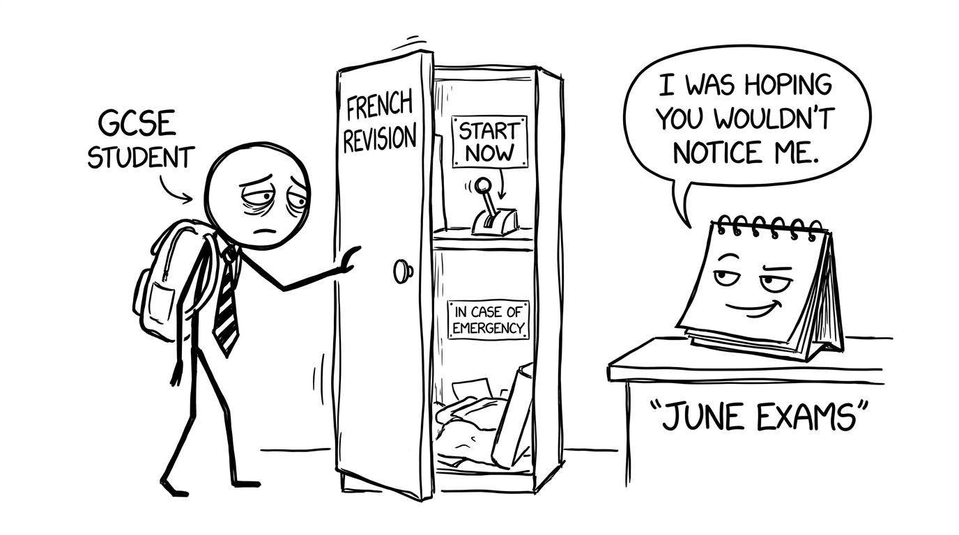 A student discovers the emergency start-now lever in the French revision cupboard