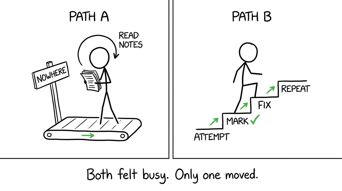 One student reads notes on a treadmill while another climbs the attempt, mark, fix and repeat steps