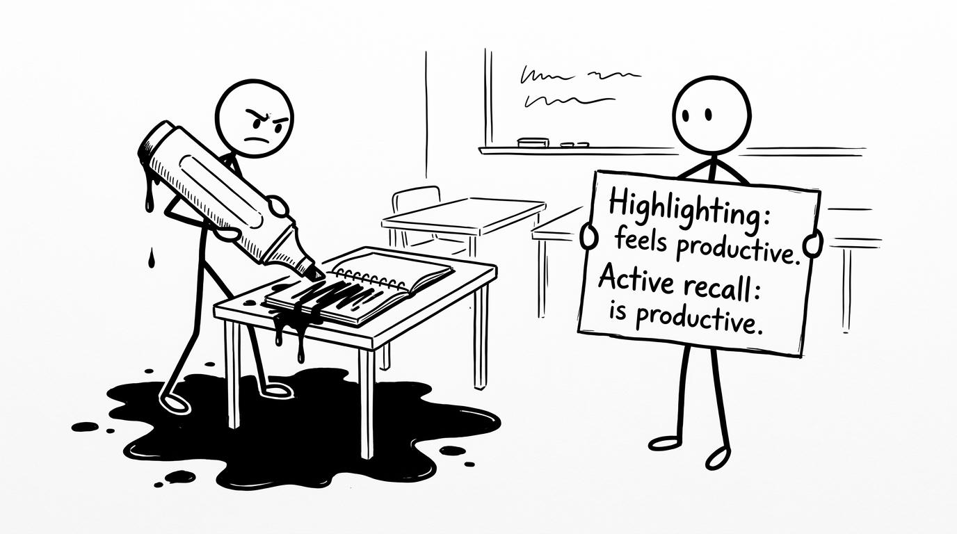 Stick figure highlighting everything vs active recall sign
