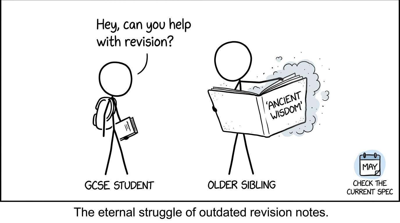 An older sibling offers ancient exam wisdom while a student checks the current specification