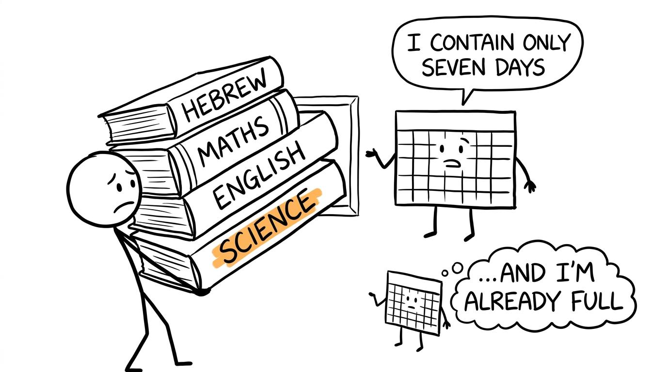 A weekly calendar discovers that GCSE revision books cannot all occupy the same hour