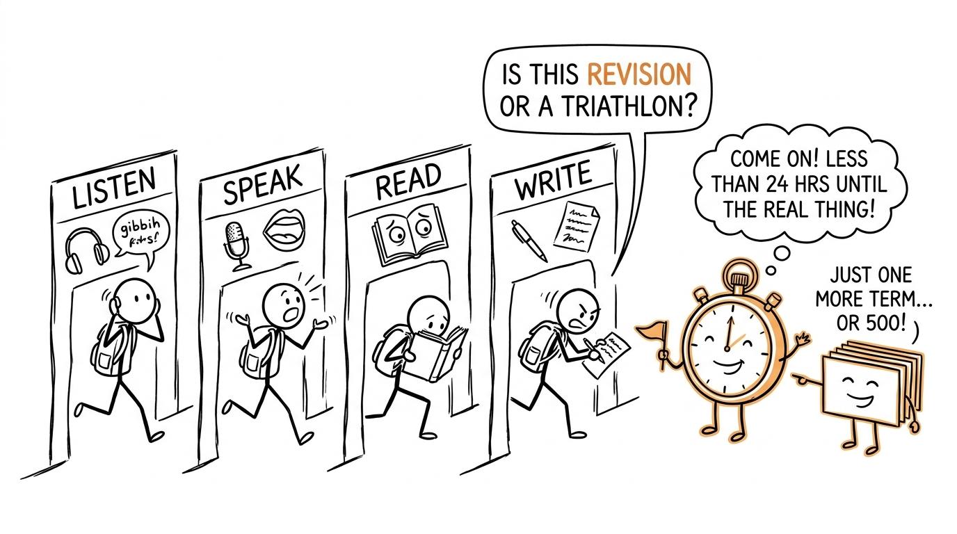 A comic revision obstacle course with listening, speaking, reading and writing stations