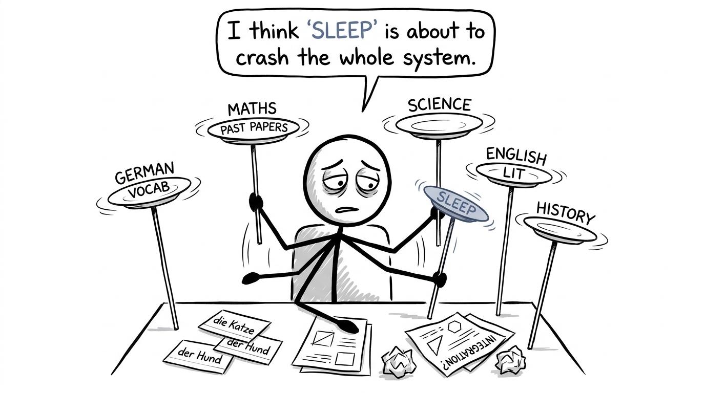 A student juggling German, maths and the surprisingly fragile plate called sleep
