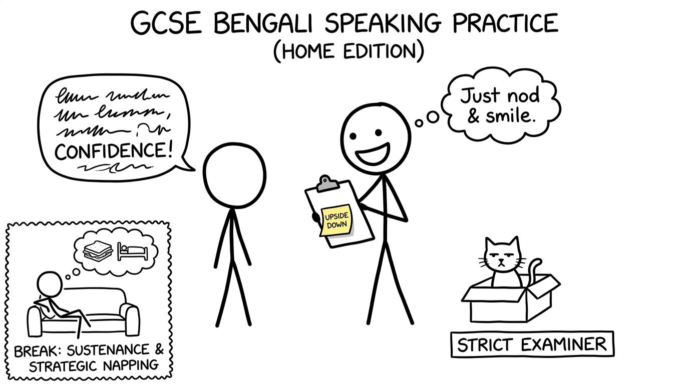 A GCSE student practises speaking while a cat becomes the strict mock examiner