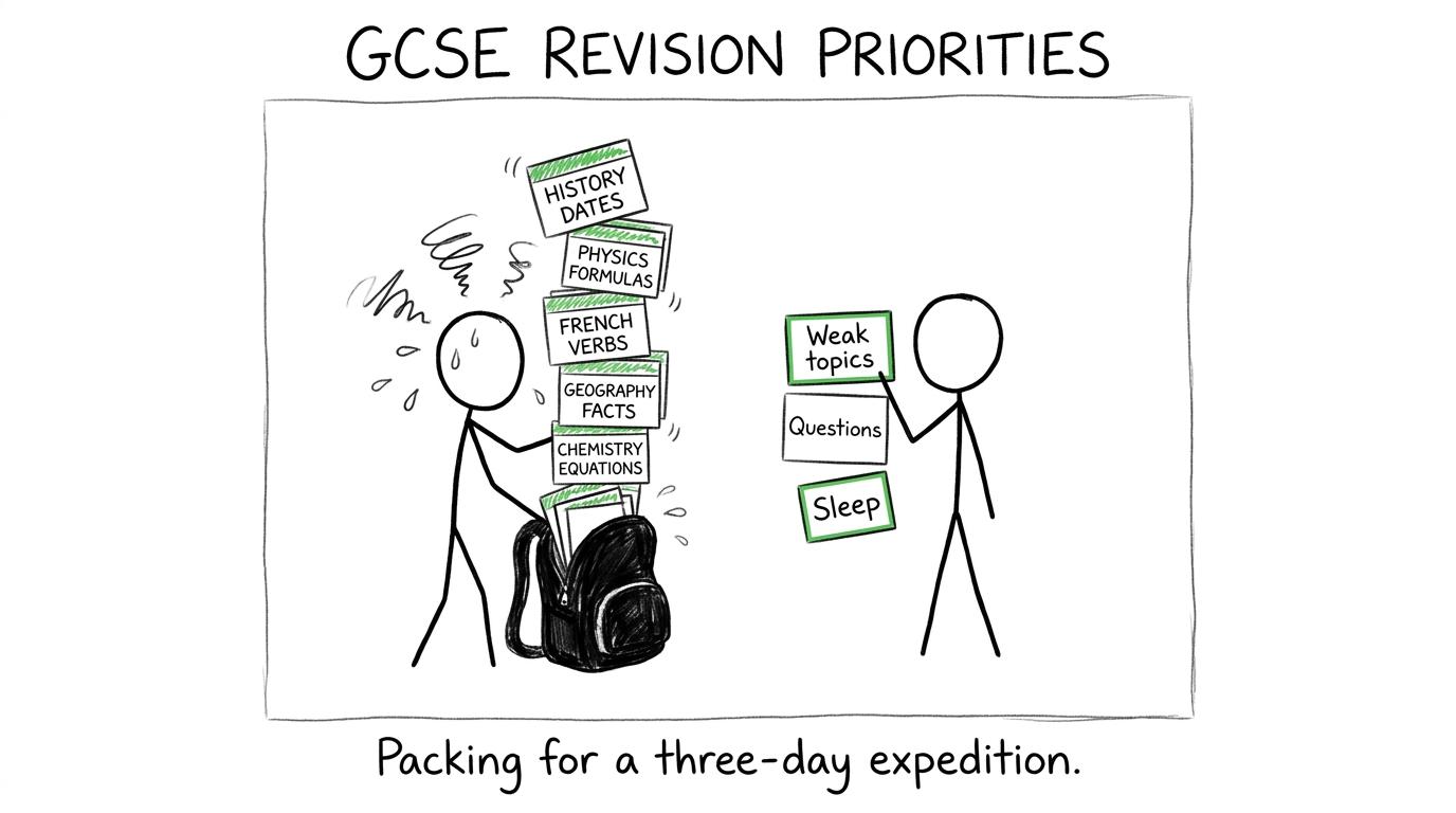 A student packs only the revision essentials for a three-day expedition