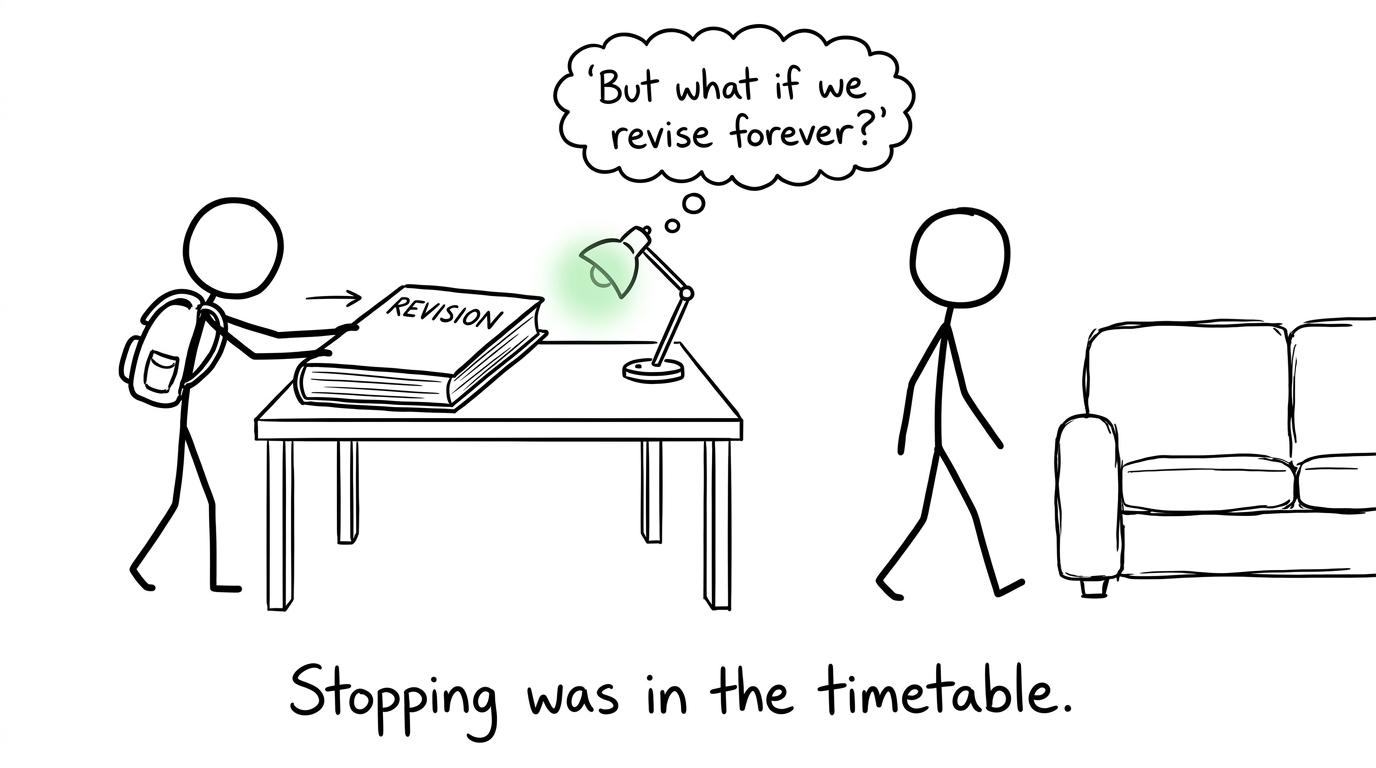 A student follows the timetable's radical instruction to stop revising