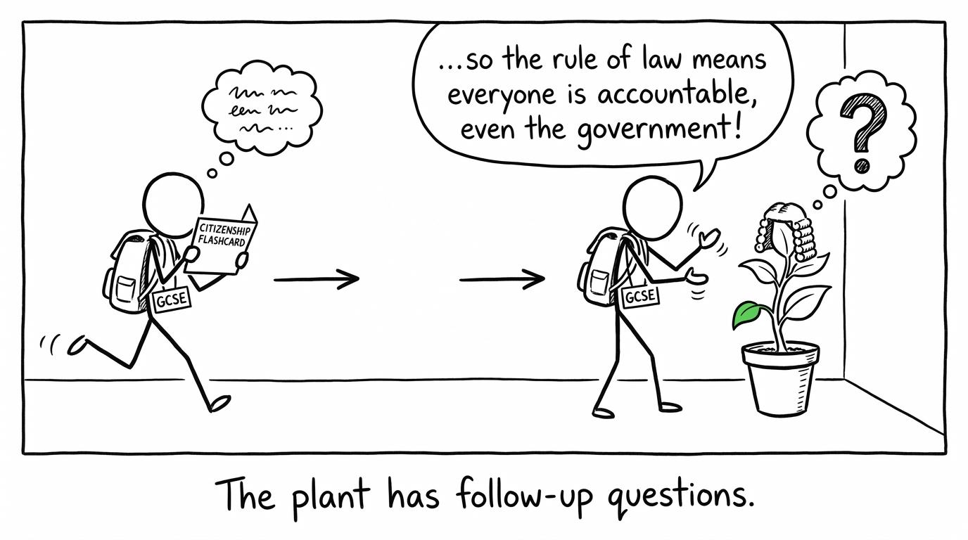 A student explains citizenship to a houseplant which has unexpected follow-up questions