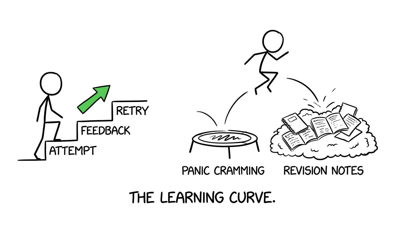 Steady feedback steps beat a trampoline labelled panic cramming