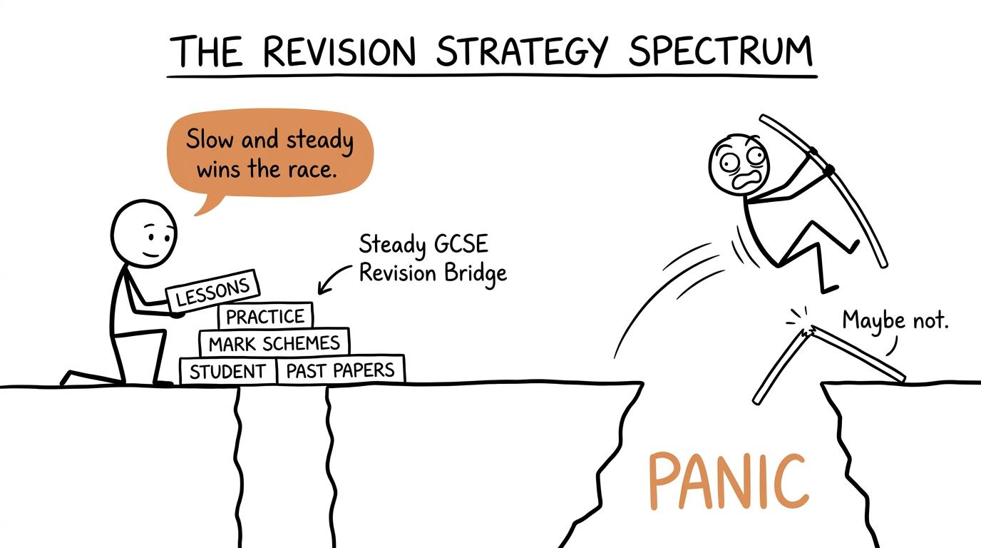 One student builds a revision bridge while another attempts to pole-vault over panic