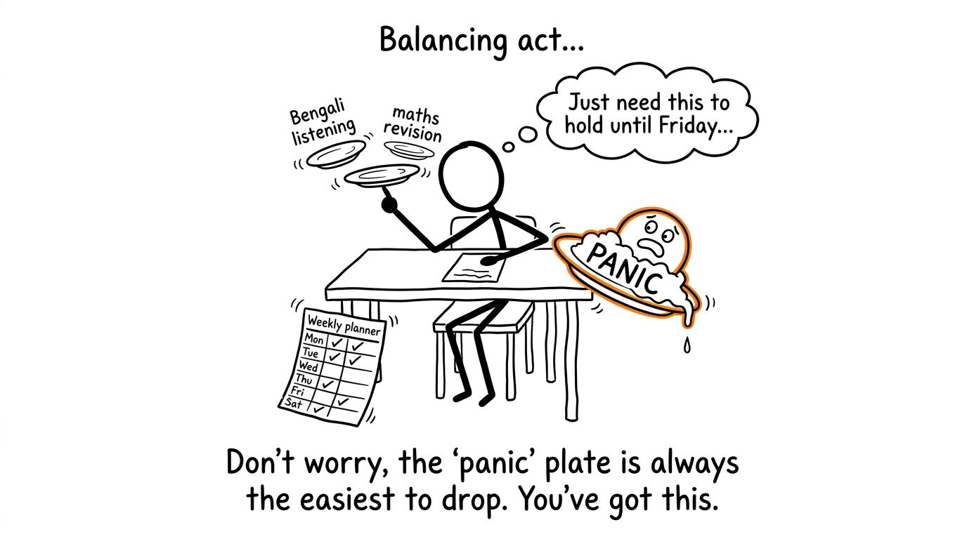 A student balancing Bengali listening and maths revision while pushing panic aside