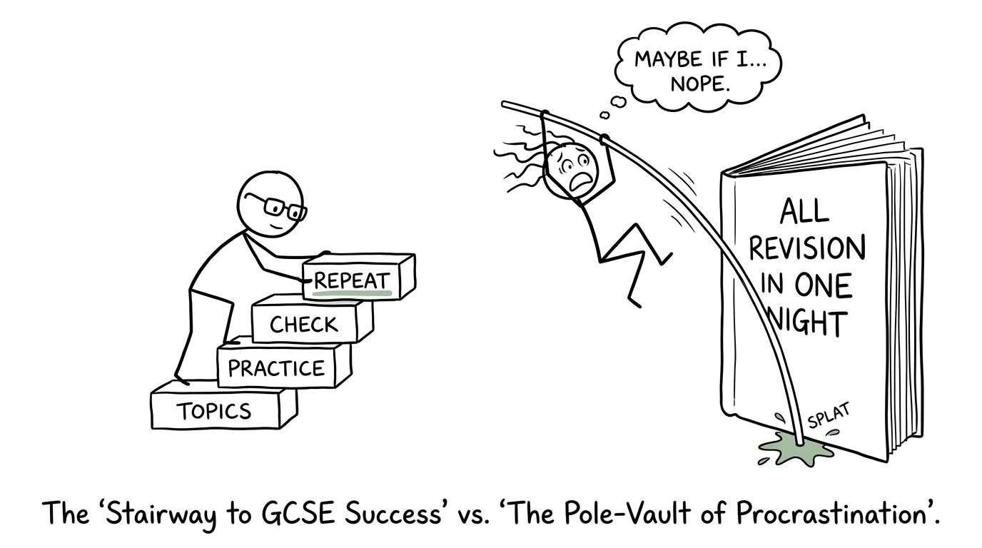 One student builds revision steadily while another attempts an overnight shortcut