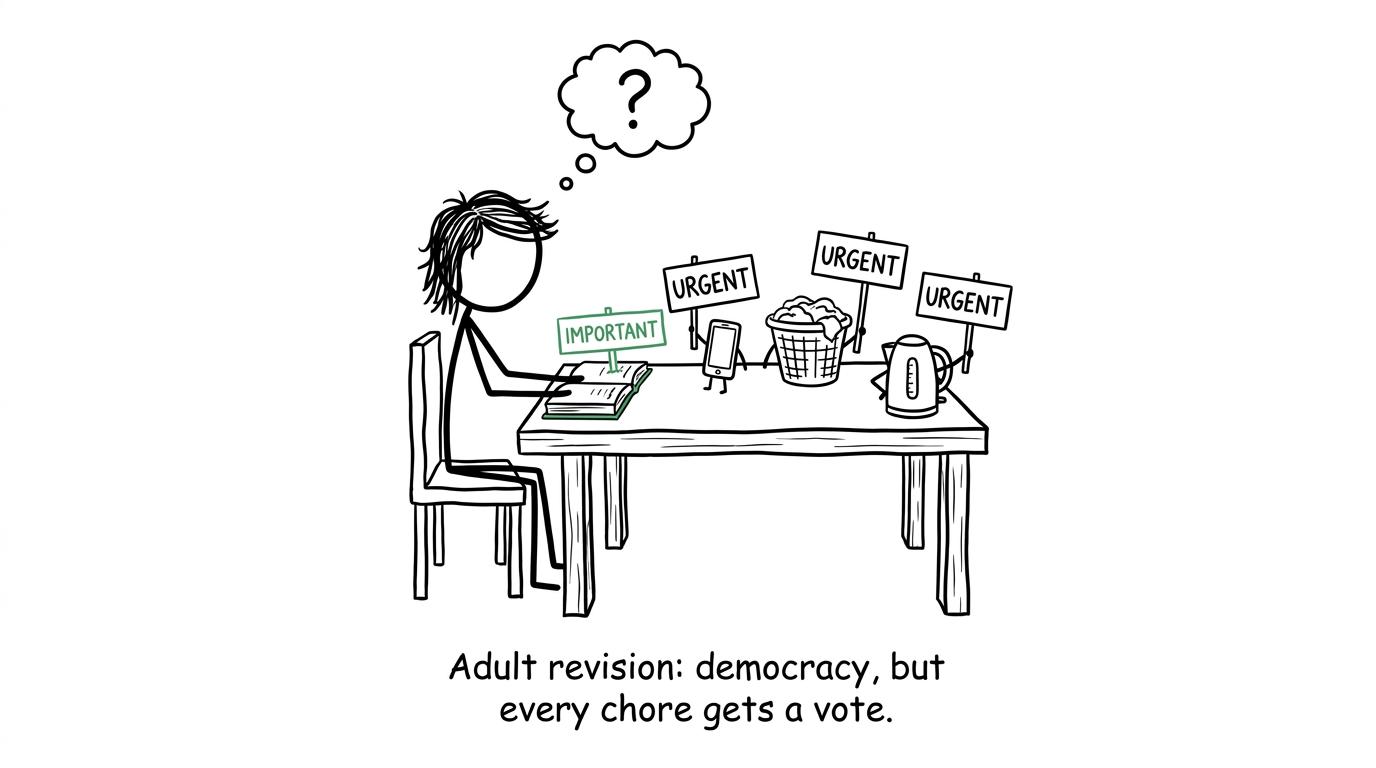 Household chores hold an emergency meeting during an adult revision session