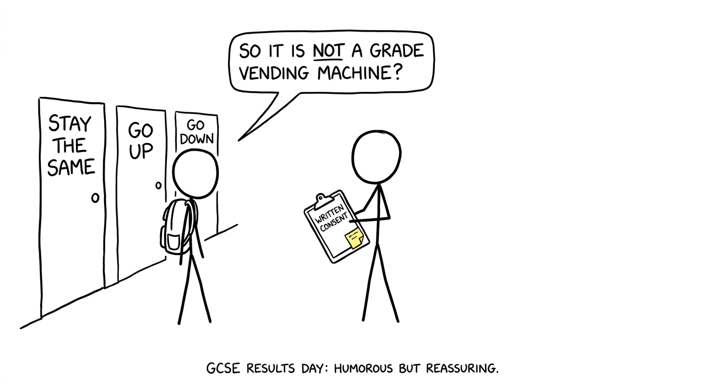 A student considers the three possible outcomes of a review of marking