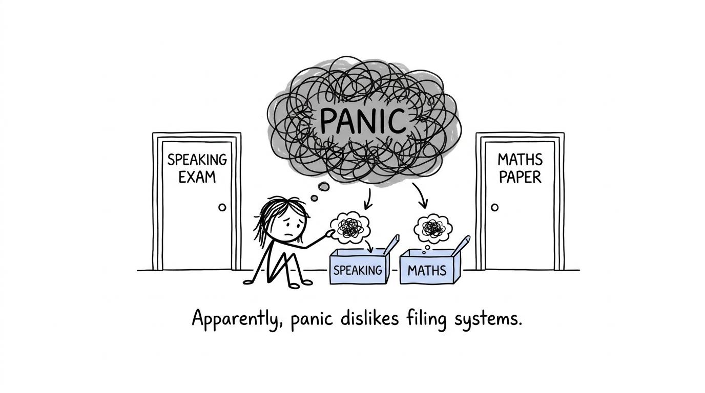 A student calmly sorts speaking and maths worries into separate boxes