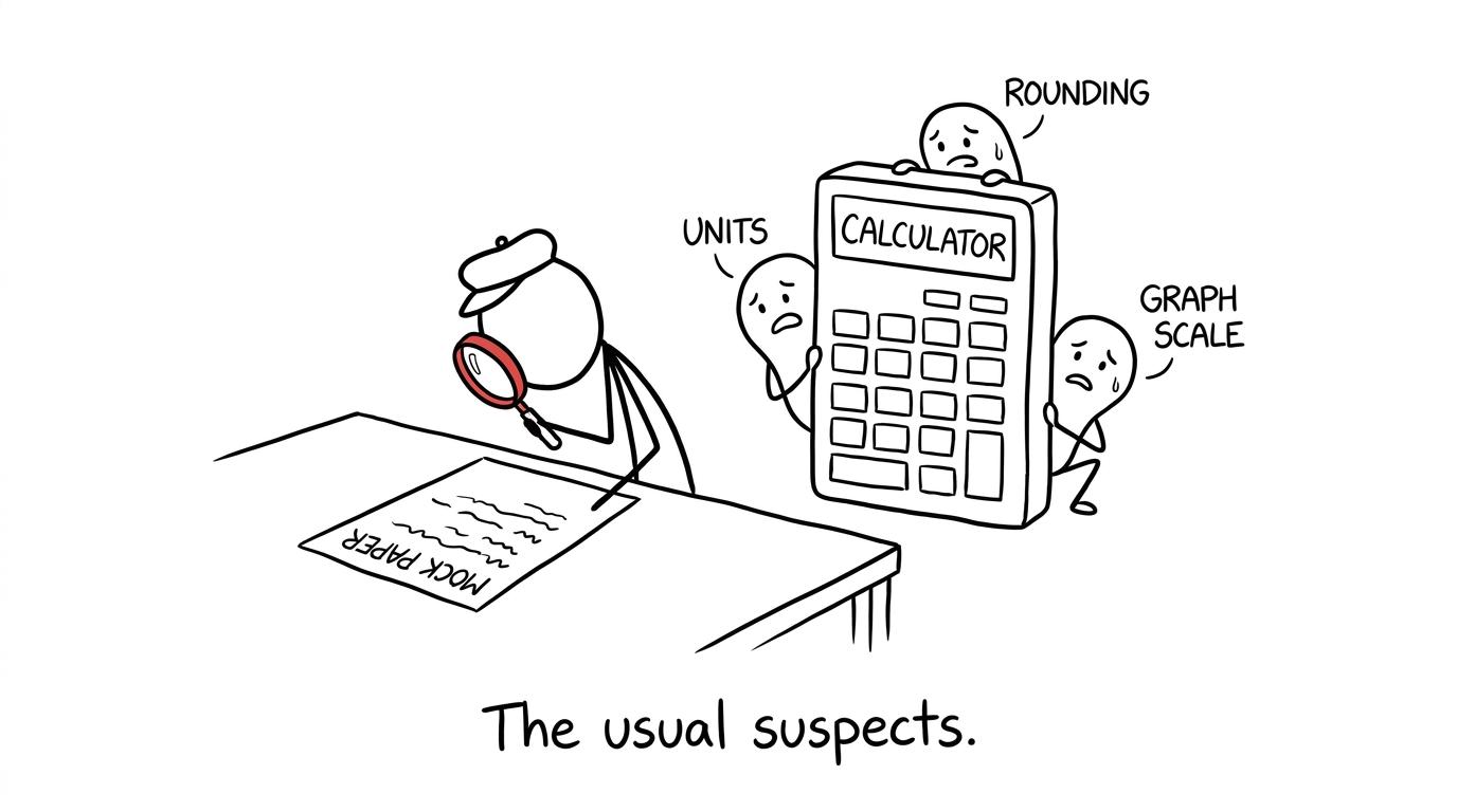 A student detective finds units, rounding and graph scale hiding near a calculator