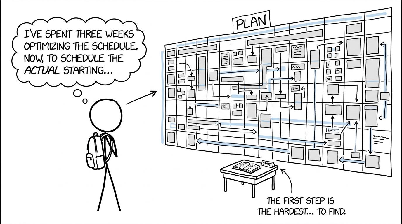 A student discovers that designing the perfect revision timetable has replaced starting revision