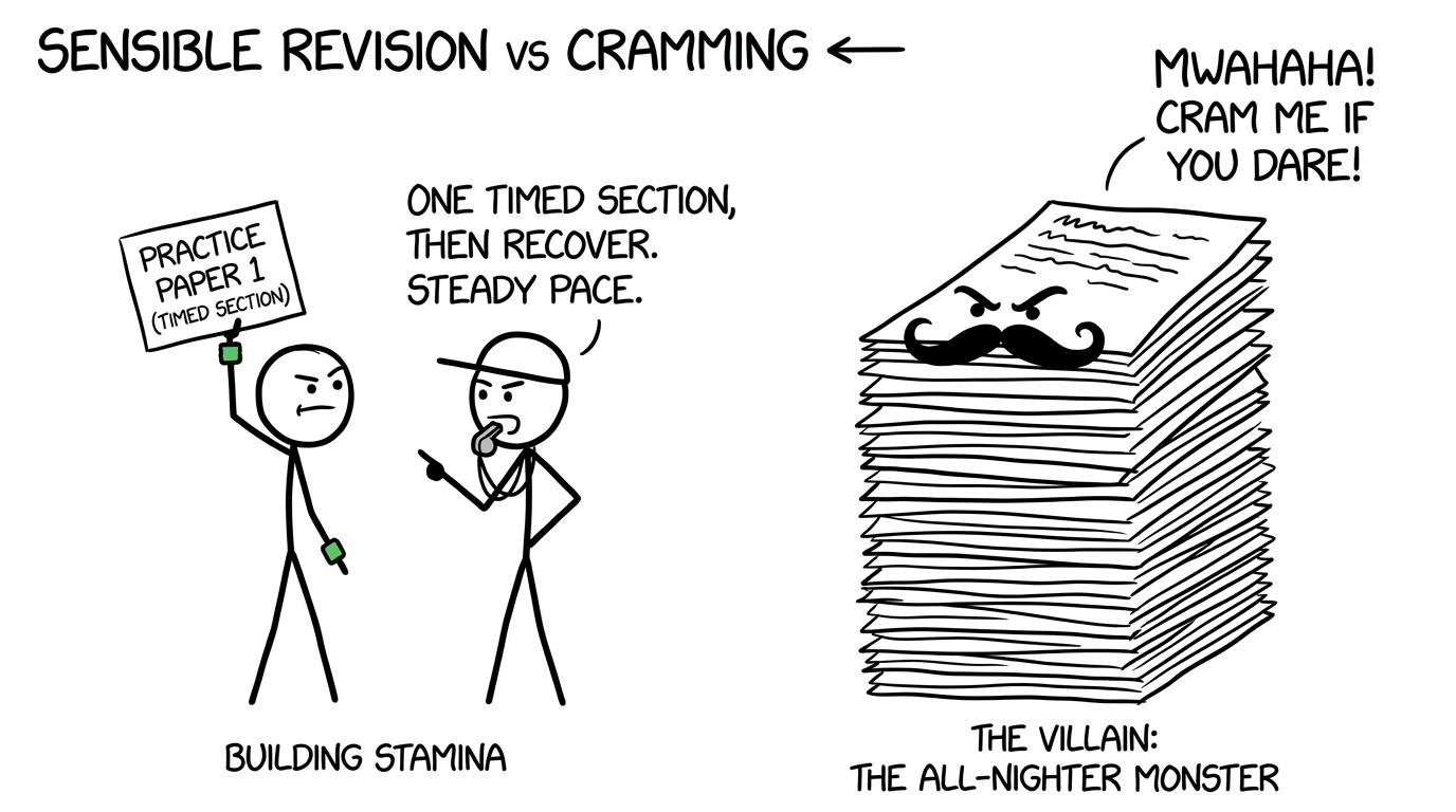 A student builds exam stamina with one paper while a huge stack wears a villain moustache