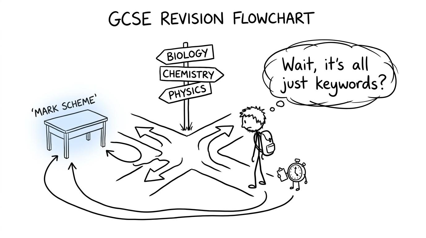 A student choosing between biology, chemistry and physics revision paths