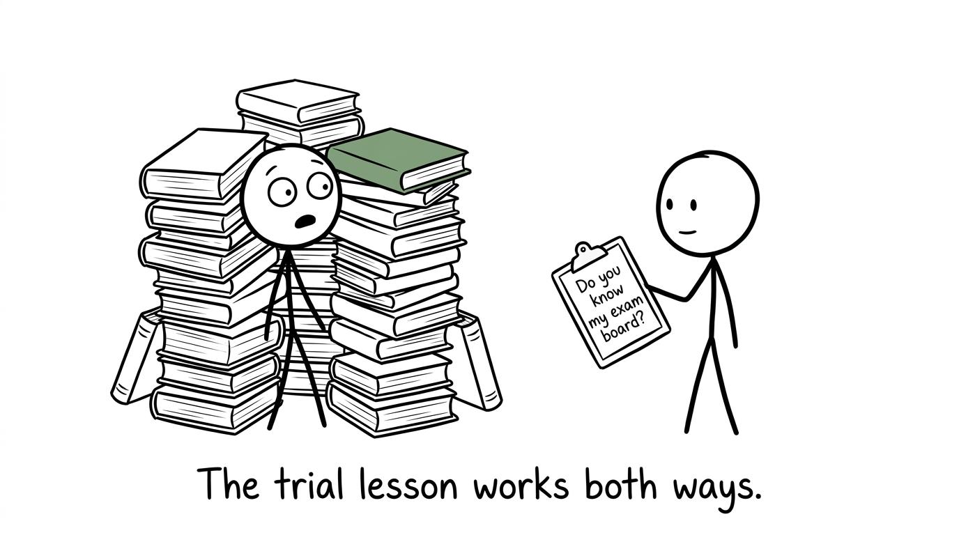 A GCSE student interviews a tutor about exam-board knowledge during a trial lesson