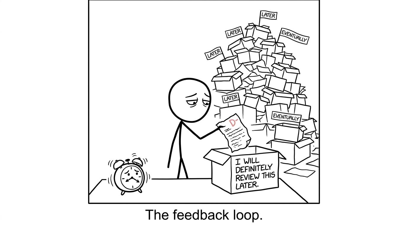 A student discovers that the box labelled for later review has become a mountain of forgotten mock papers