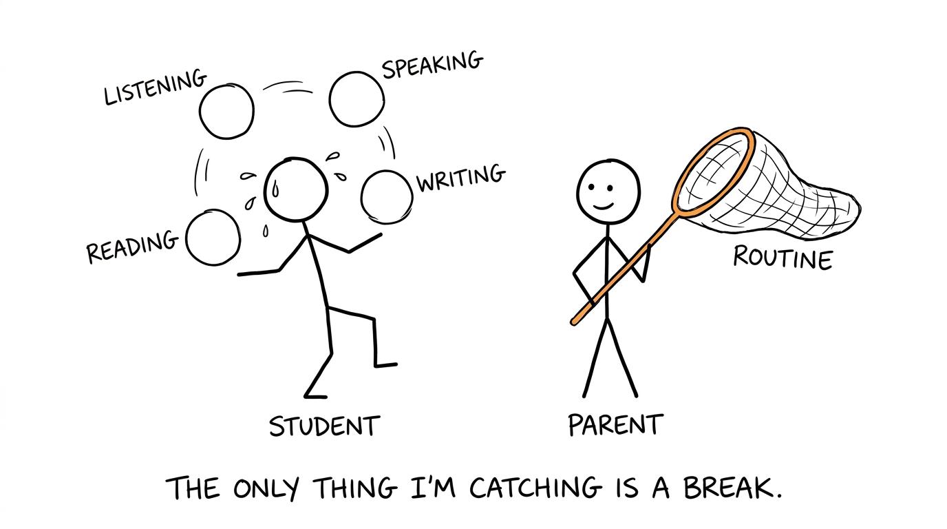 A parent provides the safety net while the student handles the four language skills