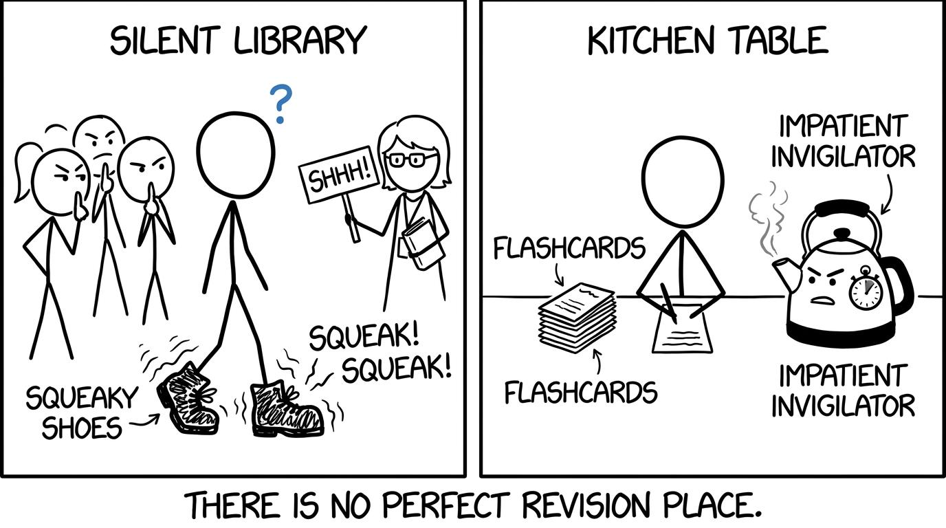 Two students discovering that neither a library nor a kitchen is perfectly silent