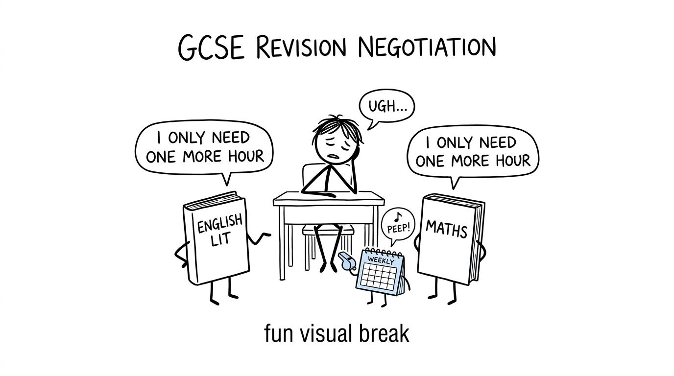 A weekly calendar referees a negotiation between English Literature and maths revision books