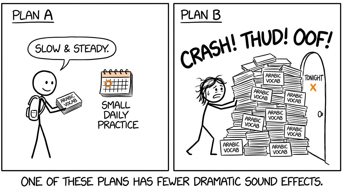 A student chooses steady vocabulary practice over dramatic last-minute cramming