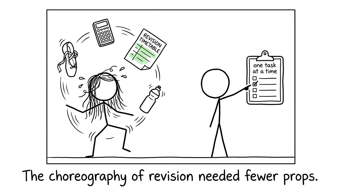 A student discovers that balancing Dance and maths revision works better with one task at a time